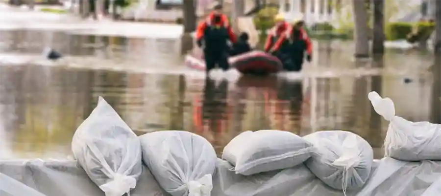 Sandbags on a wall, flooded street and rescue workers in an inflatable boat