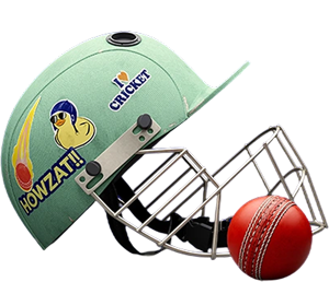 Render of a cricket helmet and ball.