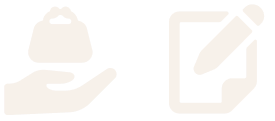 White pictogram of a hand holding a purse and a clipboard with a pencil.