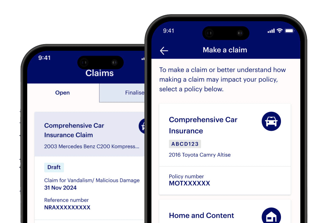 Dual phone screens displaying the NRMA App claims portal