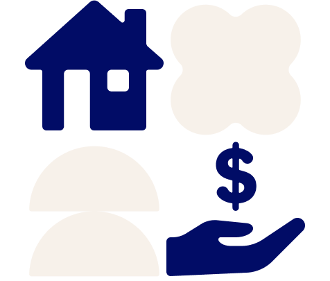 Pictogram of a blue house and dollar symbol above a hand.