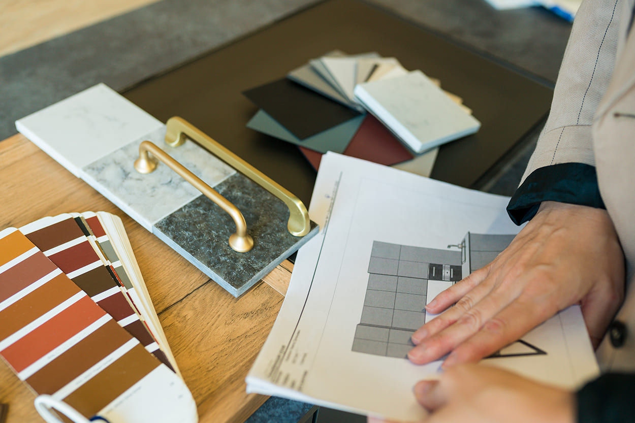 Renovation planning with colour swatches and hardware samples