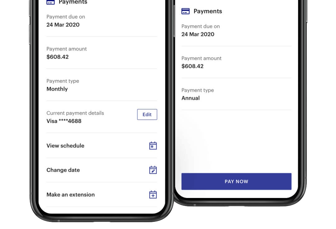 Dual phone screens displaying NRMA app payments information
