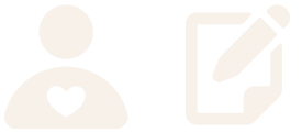 White pictogram of a person with a heart and a clipboard.